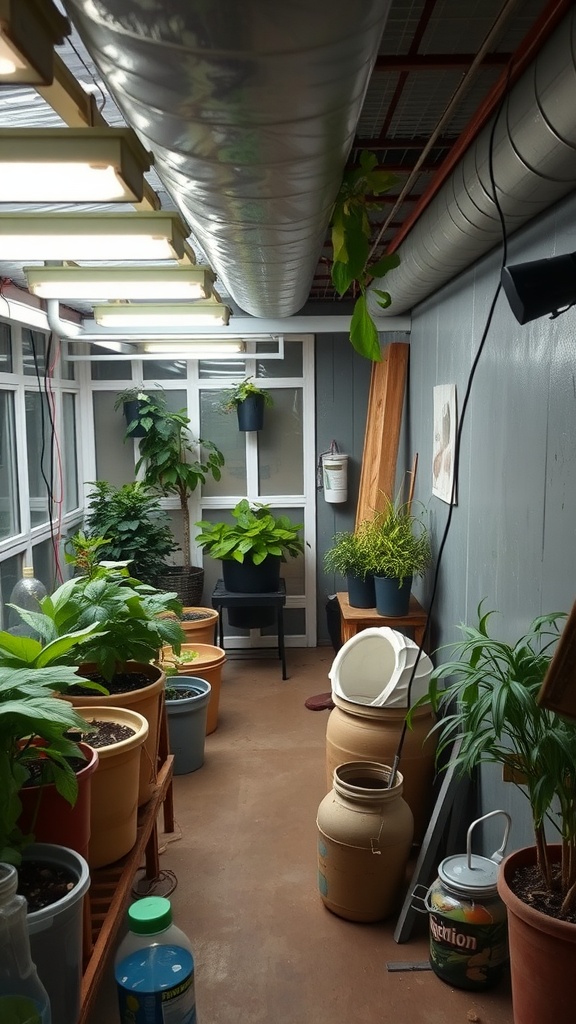 Indoor urban greenhouse with various plants and pots in a basement setting