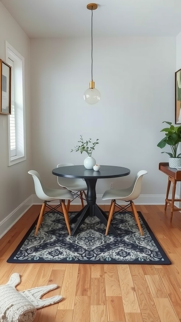 A small dining area featuring a round table and chairs on a decorative rug with hardwood flooring.