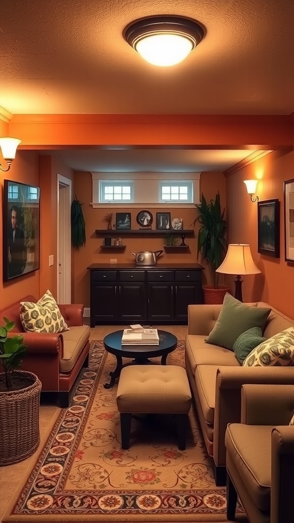 A cozy basement with warm orange walls, soft lighting, and comfortable furniture.
