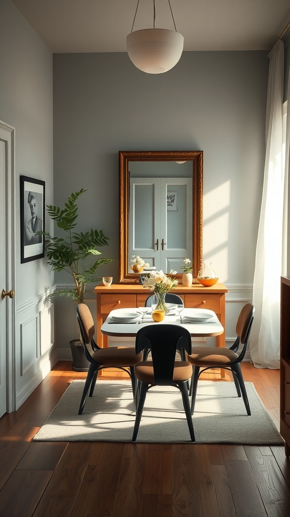 A small dining room featuring a large mirror, a wooden dining table, and stylish chairs.