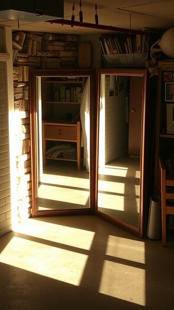 Three tall mirrors in a cozy basement with warm light reflecting off them.