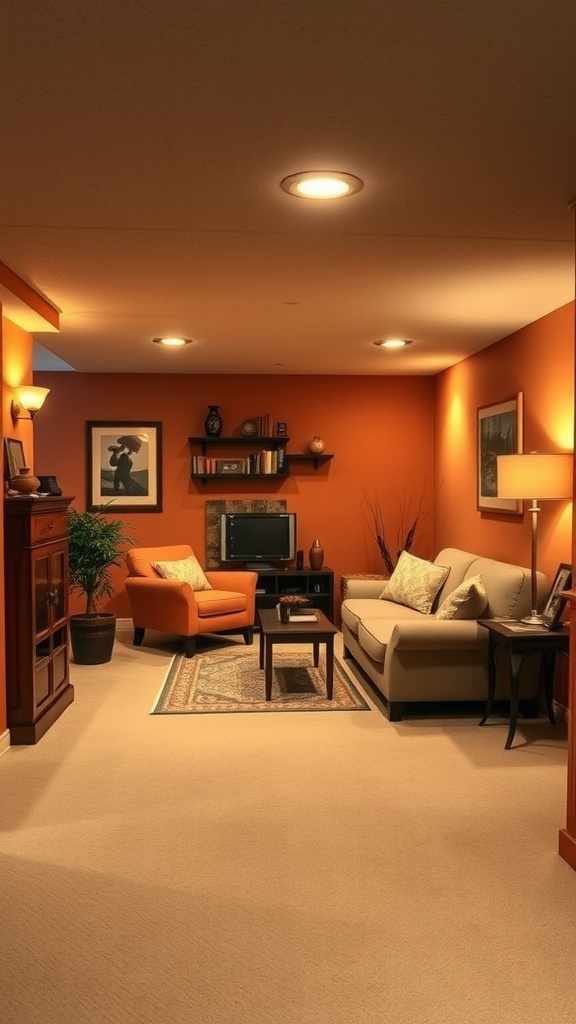 Cozy basement with warm orange walls, comfortable seating, and soft lighting