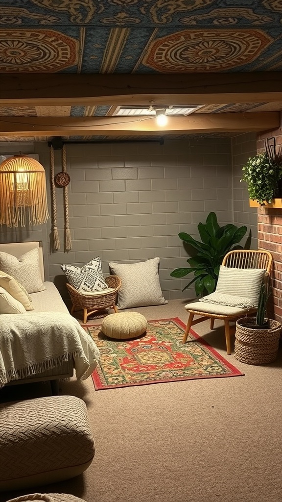 Cozy basement corner with soft textiles, a plush sofa, decorative pillows, a round pouf, and a colorful area rug.