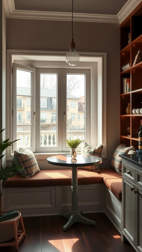 A cozy dining nook featuring a window seat with cushions, a small round table, and a view outside.
