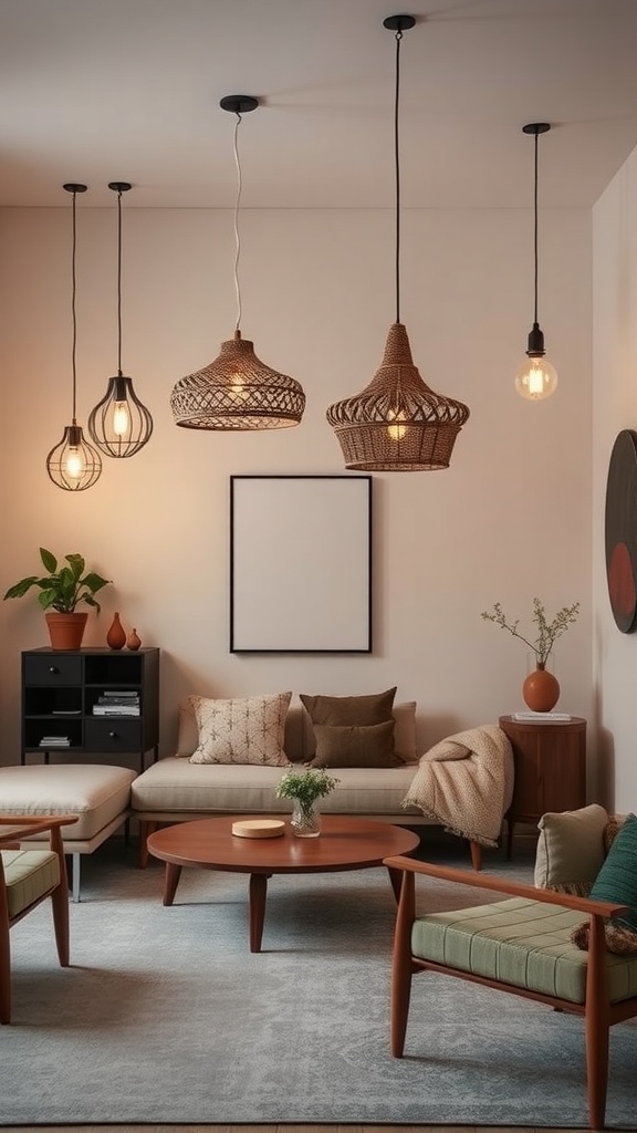 A modern boho living room featuring various pendant light fixtures, including woven and metal designs.