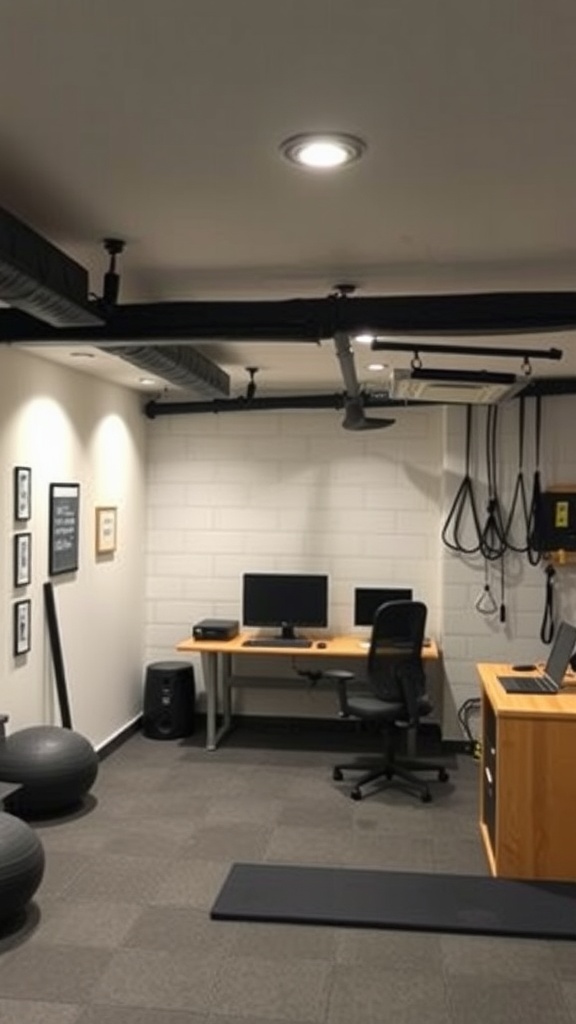 Interior view of a versatile multipurpose basement room with workspace and exercise area