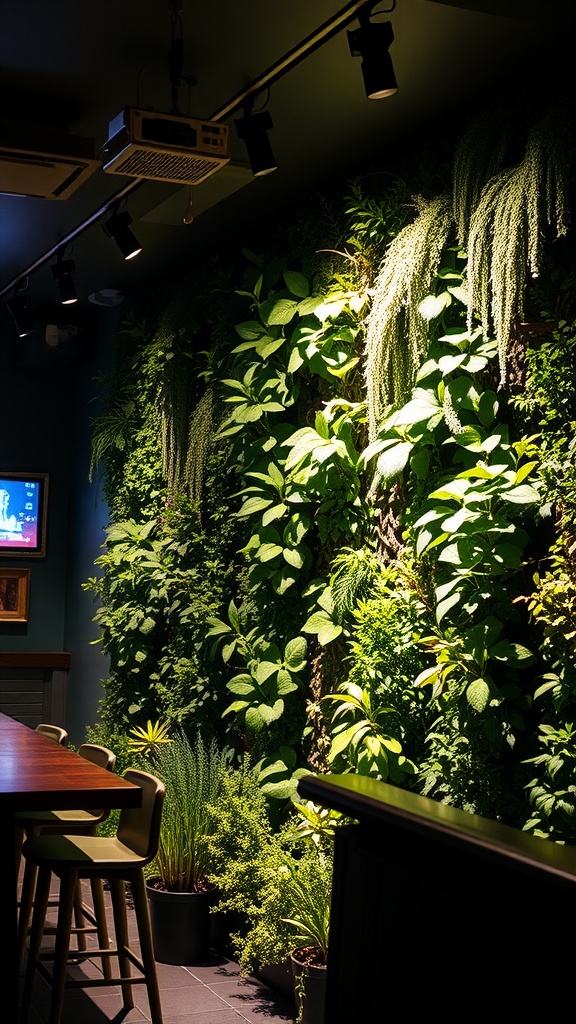 A basement bar featuring a vertical garden wall with various plants growing on it, and a cozy seating area.