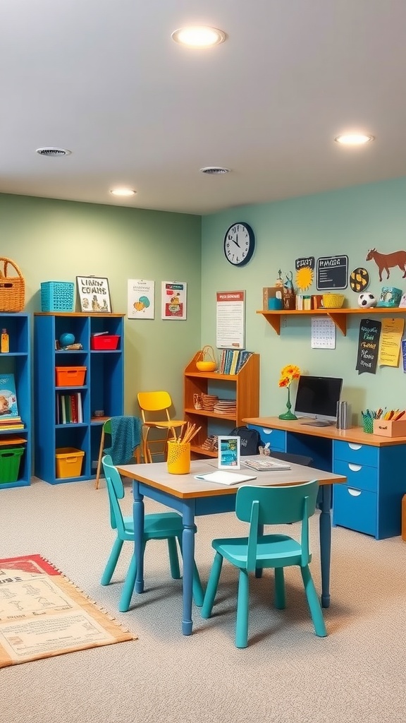 A colorful kids' study area in a basement with a table, chairs, and shelves