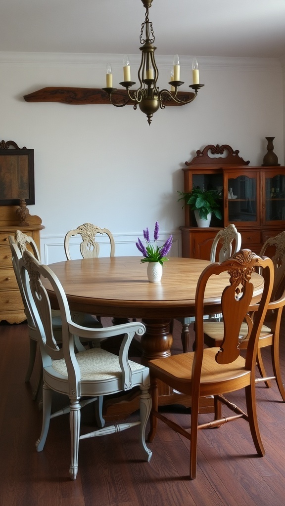 A vintage-inspired dining room with a round wooden table and various styled chairs.