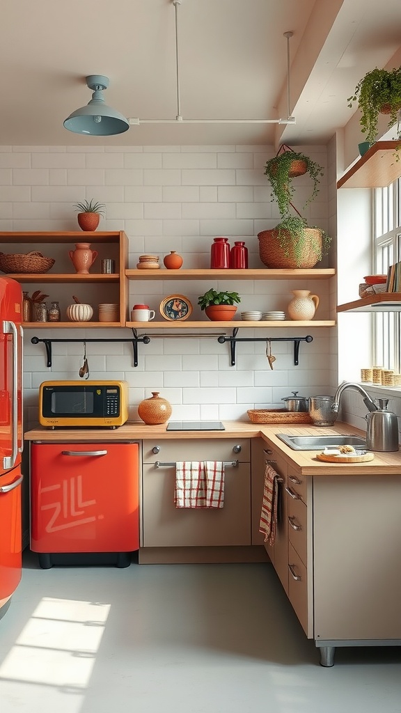 A modern kitchen with vintage accents, featuring a red fridge, open shelving with decorative items, and houseplants.