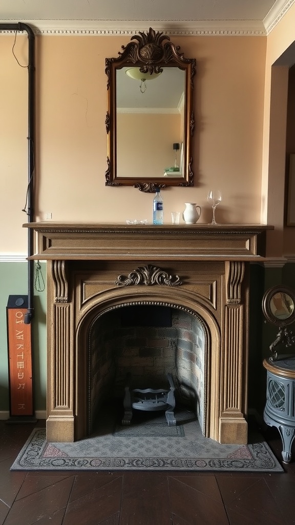 Vintage fireplace with ornate mantel and mirror, decorated with simple items in a cozy basement setting.