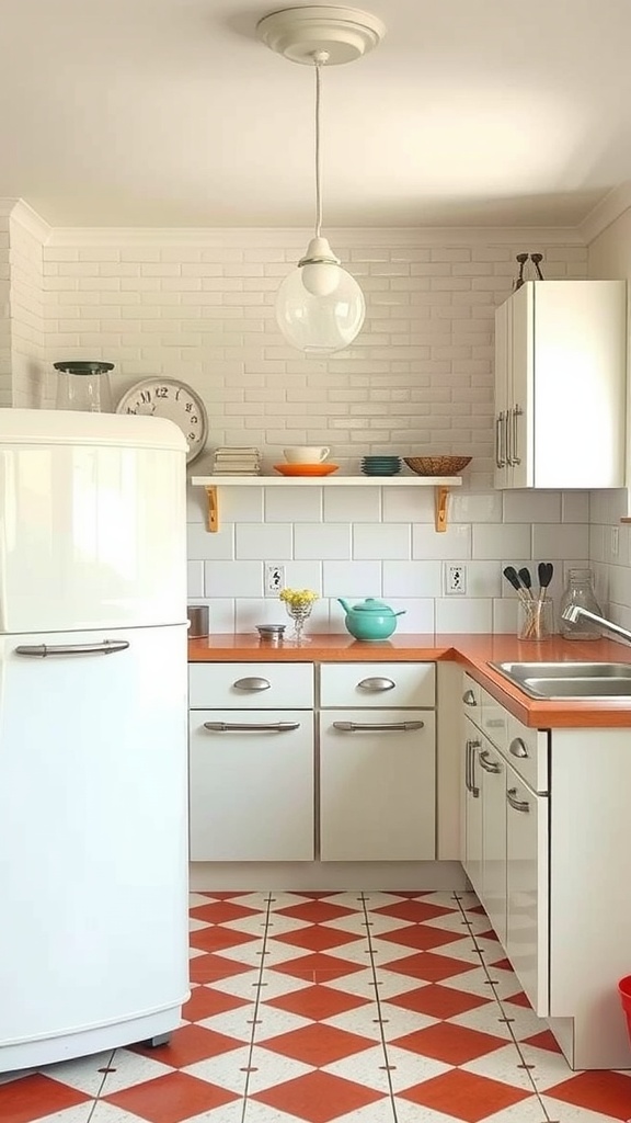 A bright kitchen featuring vintage influences with a checkerboard floor, rounded refrigerator, and simple decor.