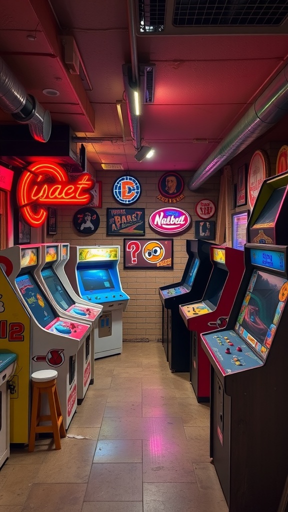A hallway filled with vintage arcade game machines and colorful neon signs.