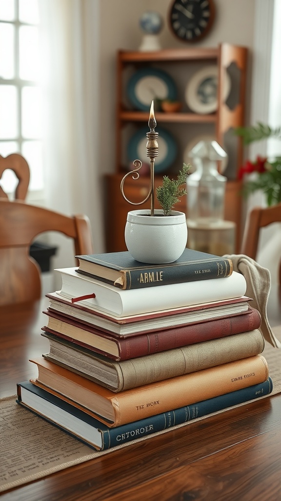 A stylish vintage book stack centerpiece featuring old books, a small plant, and a decorative candle holder.