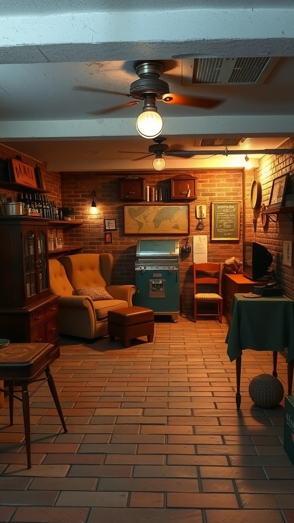 A cozy basement area with vintage brick flooring, warm lighting, and retro furniture.