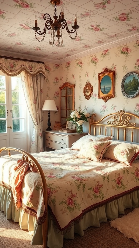 A cozy vintage cottage bedroom featuring floral wallpaper, a brass bed, and warm lighting.