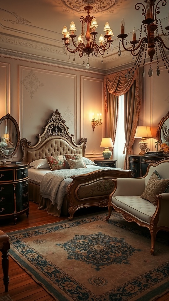 A luxurious vintage bedroom featuring an ornate bed, elegant lighting, and classic furniture.