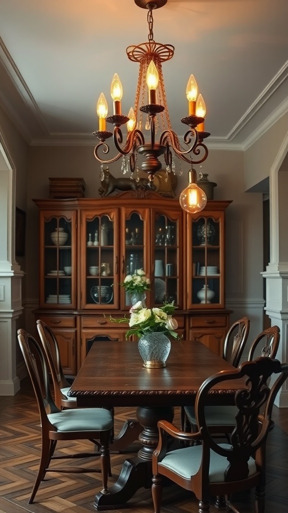 Vintage chandelier with Edison bulbs hanging above a wooden dining table and chairs in a stylish dining room.