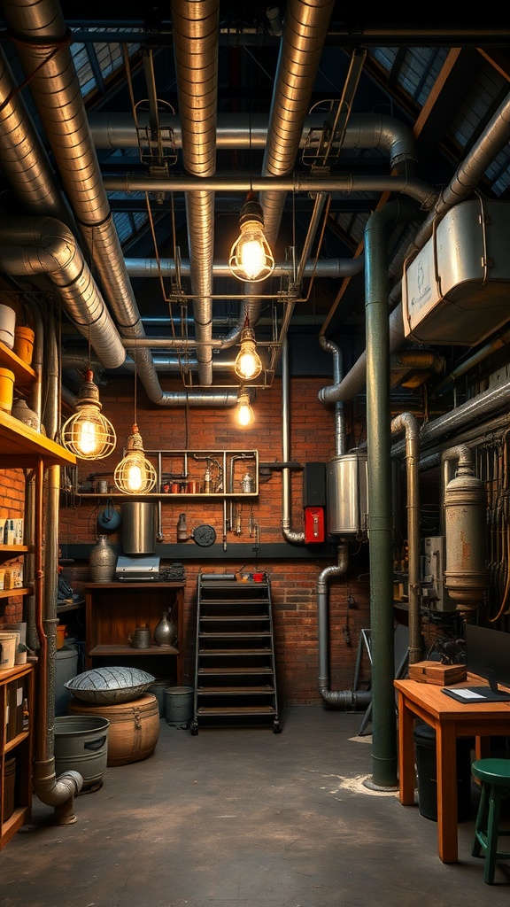 An industrial basement featuring vintage metal accents, exposed pipes, and warm lighting.
