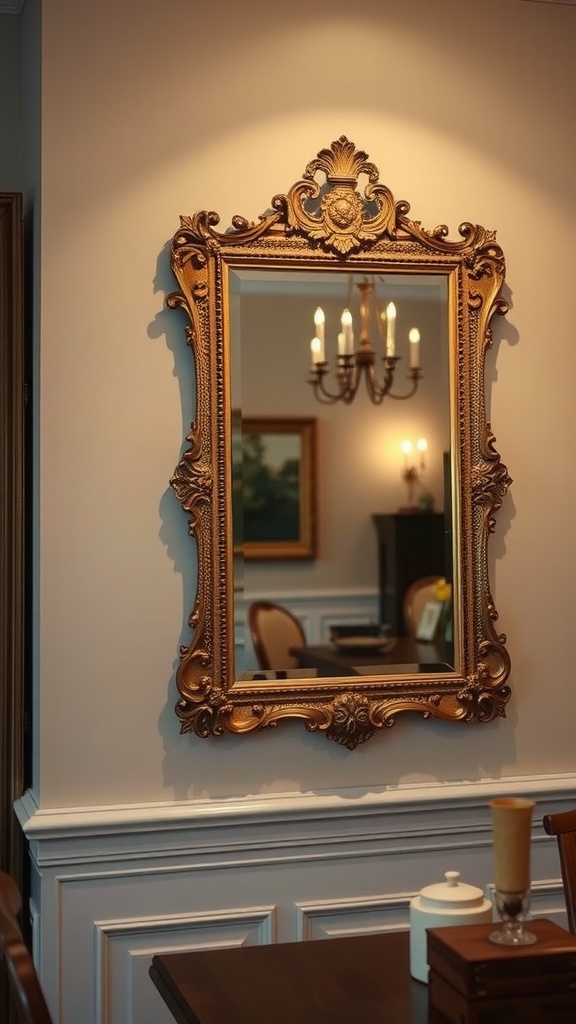 A vintage mirror with an ornate golden frame hanging on a wall in a dining room, reflecting light and decor.