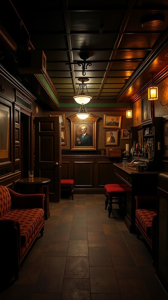 A vintage-inspired basement bar with rich wood paneling, intimate seating, and historical portraits, creating a nostalgic speakeasy atmosphere.