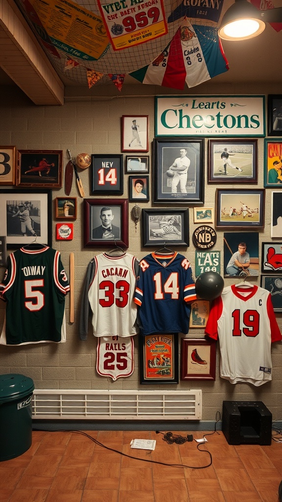 A wall display featuring vintage sports jerseys, photographs, and memorabilia in a basement man cave.