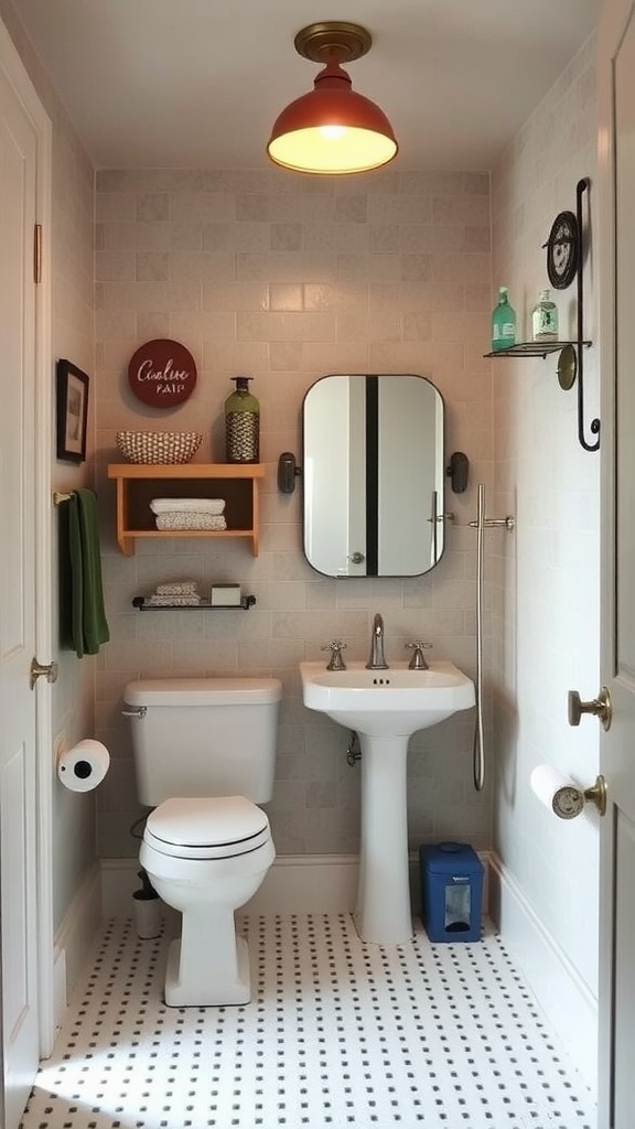 A vintage style basement bathroom featuring warm lighting, a patterned floor, and stylish decor.