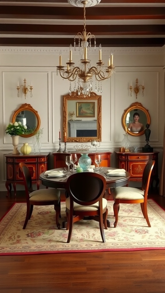 A classic dining room with vintage elements, featuring a round table, elegant chairs, a chandelier, and framed mirrors.