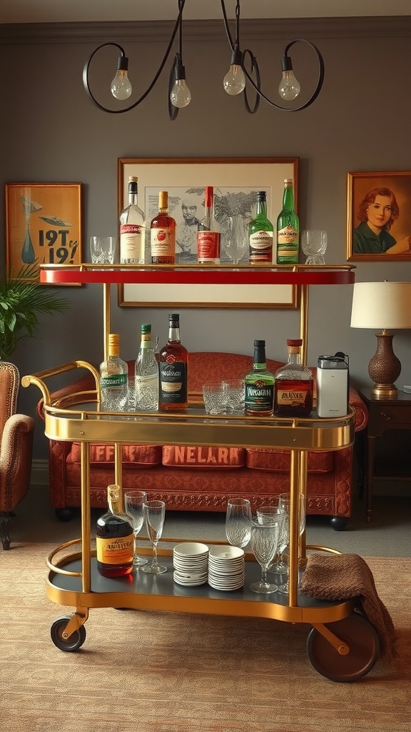 A vintage trolley bar filled with various bottles and glassware in a living room setting