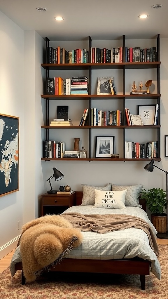 A cozy basement bedroom featuring wall-mounted shelving with books and decor, a bed with soft blankets, and a warm atmosphere.