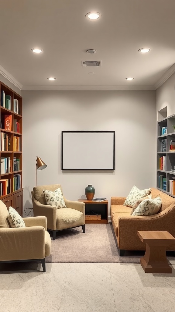 Cozy reading nook in a basement with comfortable seating and bookshelves