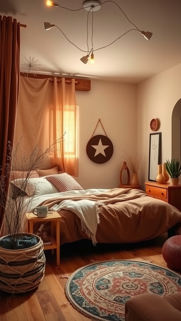 A cozy bedroom featuring warm earthy tones, a bed with blankets and pillows, a side table with a cup, and decorative elements like a rug and woven baskets