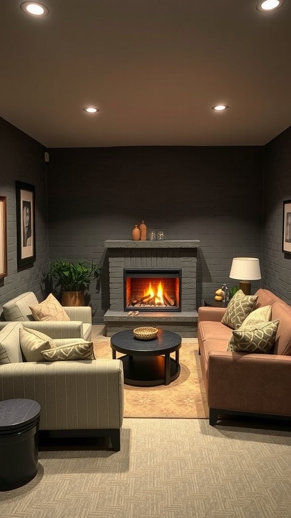 Cozy basement entertainment lounge with a fireplace and comfortable seating