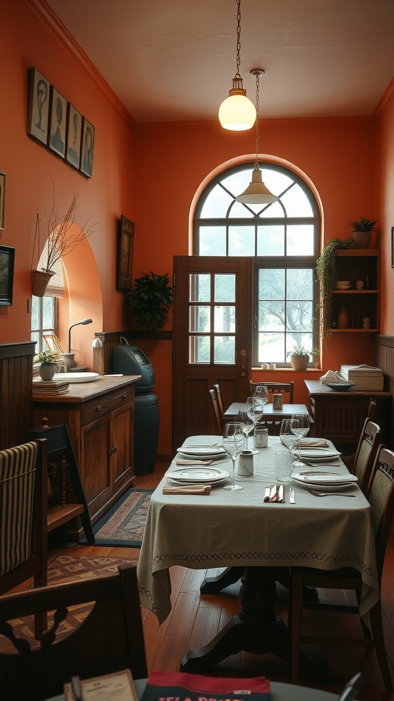A cozy dining room painted in warm terracotta, featuring wooden furniture and a large window.