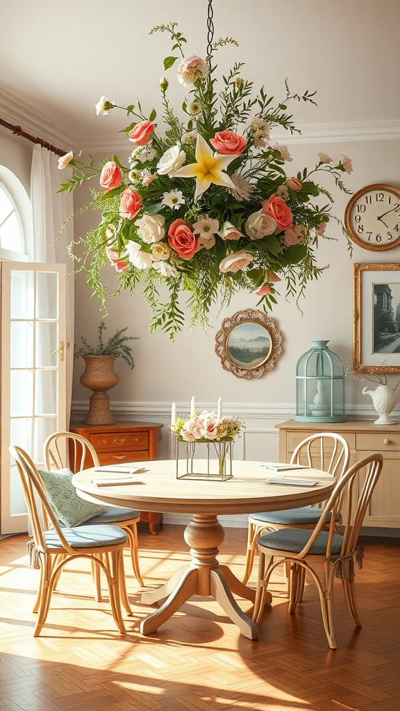 A floral chandelier with roses and greenery hanging above a round dining table in a bright dining room