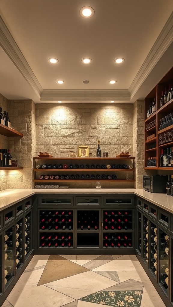 Stylish wine cellar bar with shelves of wine bottles, decorative lighting, and elegant flooring