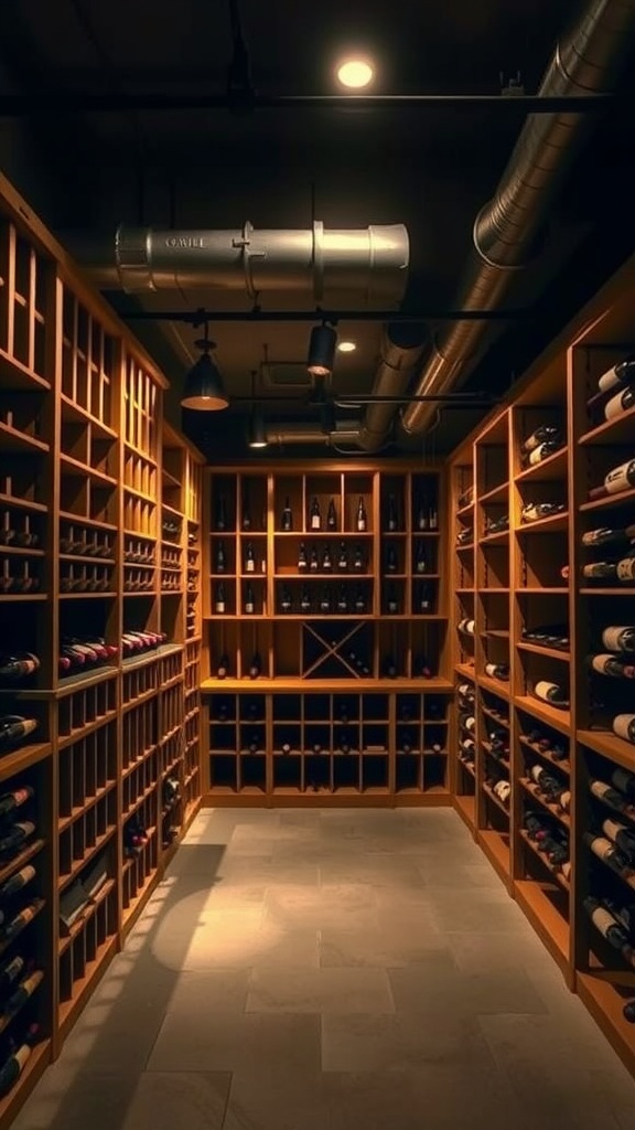 A well-organized wine cellar featuring wooden racks filled with wine bottles, showcasing a cozy and rustic design.
