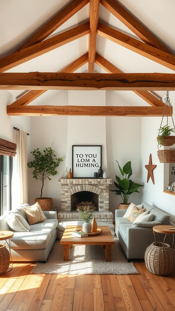 A modern boho living room featuring high wooden beams, a cozy seating area, and plants.