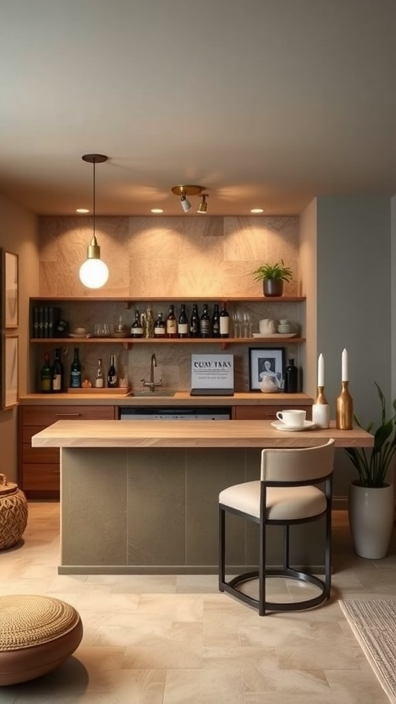 A minimalist bar design with wooden shelves and soft lighting, featuring various bottles and a cozy seating area.