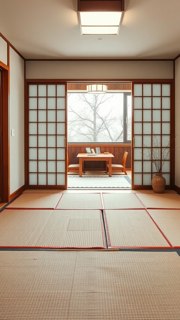 A Zen Japanese aesthetic bedroom featuring tatami flooring and shoji screens with natural light.