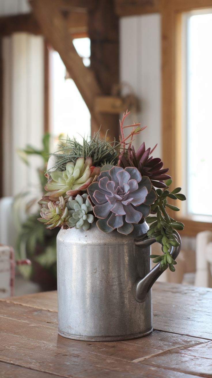 A vintage milk jug filled with various succulents, placed on a wooden table.