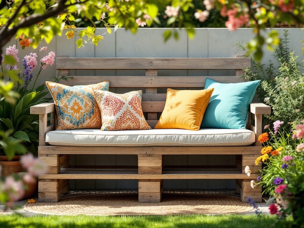 A cozy pallet garden bench with colorful cushions surrounded by blooming flowers.