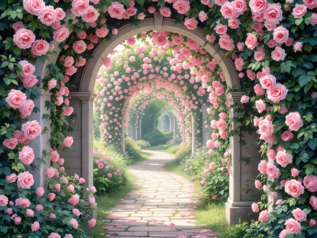 An arched pathway adorned with blooming pink roses, leading through a lush garden.