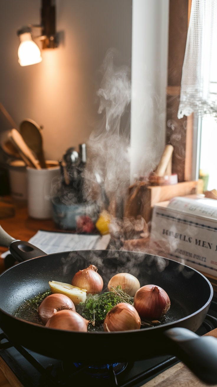 A skillet with onions and herbs cooking, creating steam in a cozy kitchen.