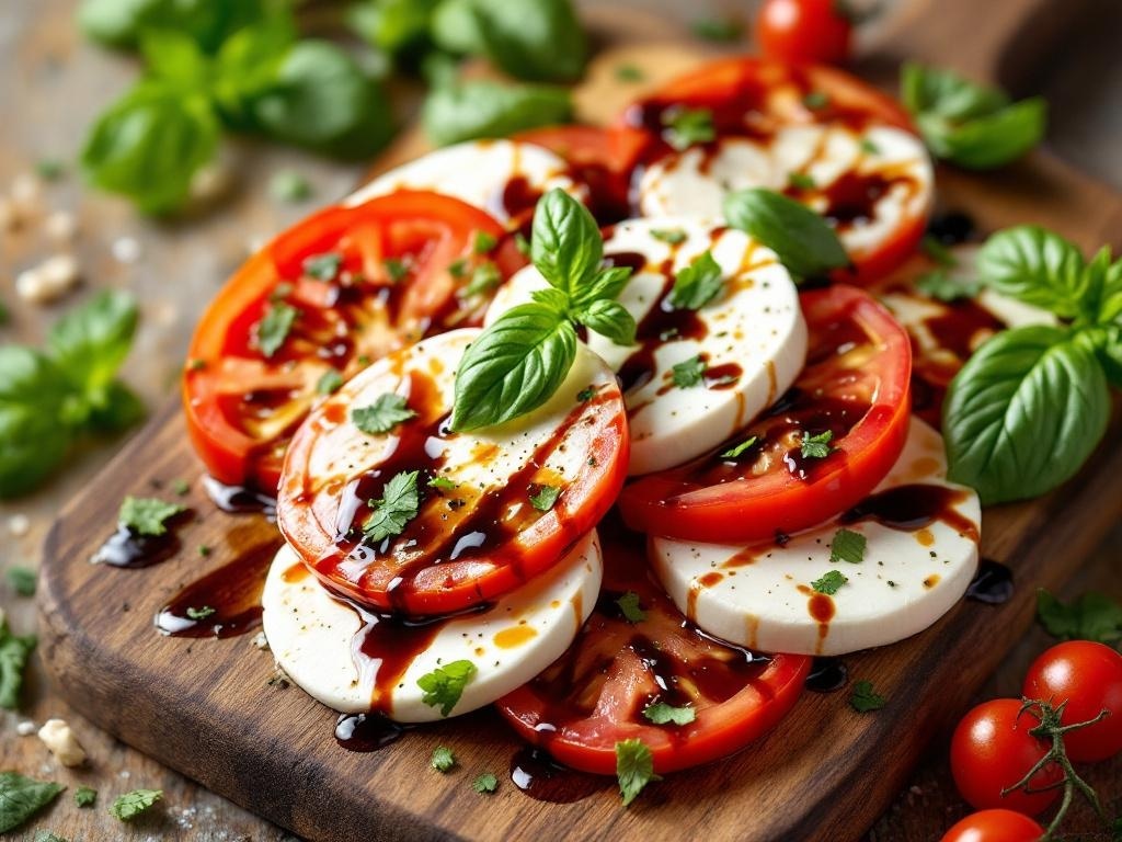 Artisan Caprese Salad with fresh tomatoes, mozzarella, basil, and balsamic glaze on a wooden board.