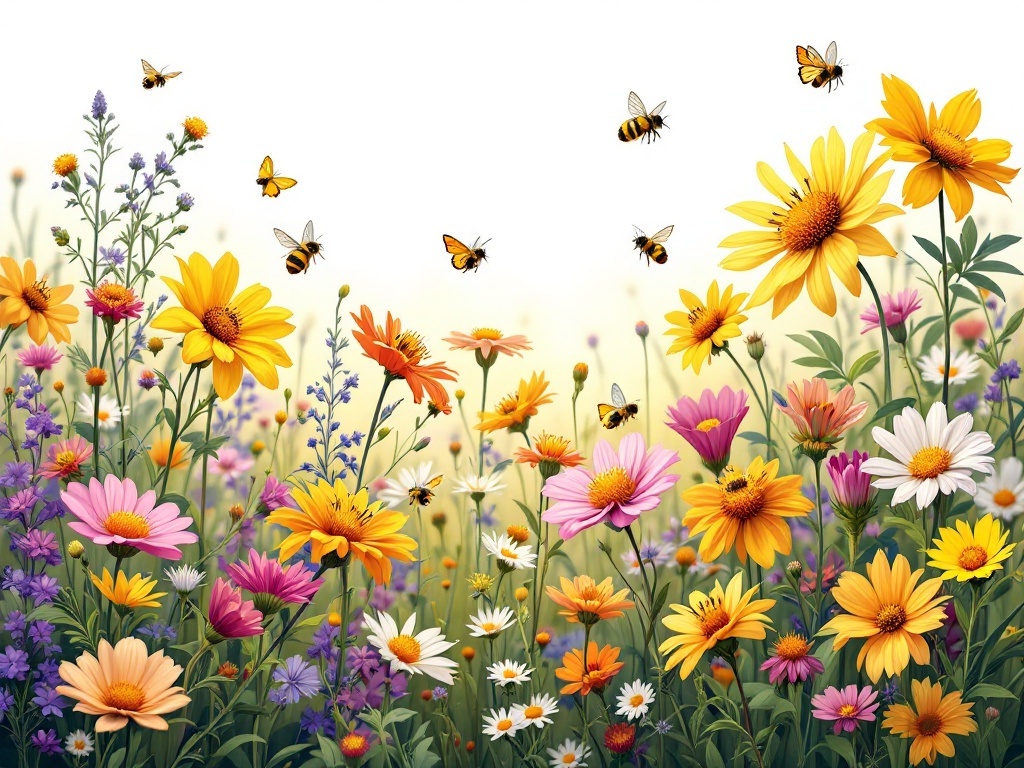 A colorful meadow garden filled with wildflowers and pollinators, showcasing vibrant blooms and bees.