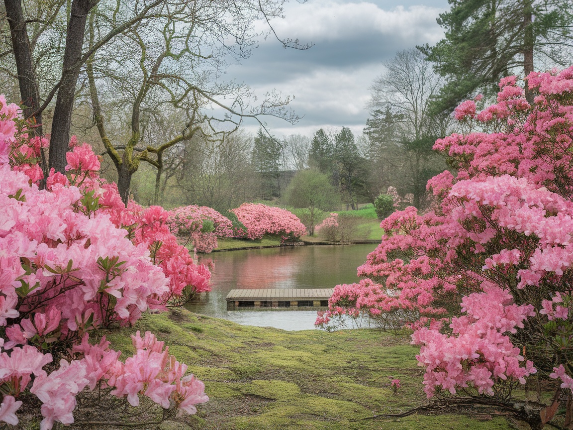 A serene garden scene featuring pink azaleas blooming beside a tranquil pond.