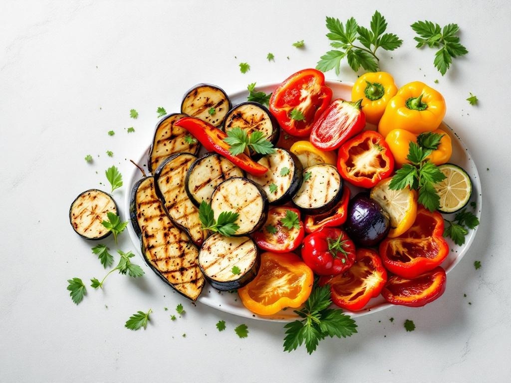 A beautifully arranged platter of grilled vegetables including eggplant, bell peppers, and fresh herbs.