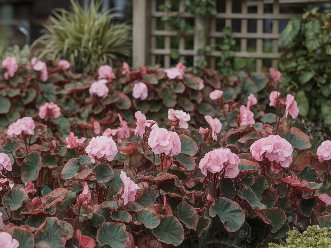 A garden filled with pink begonias and green leaves