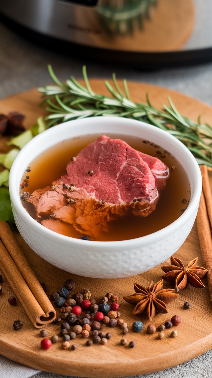 A bowl of beef in broth with spices around it, depicting ingredients for a beef stew.